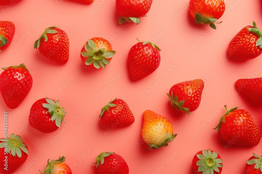  a group of strawberries on a pink background with green leaves on the top of the strawberries and t