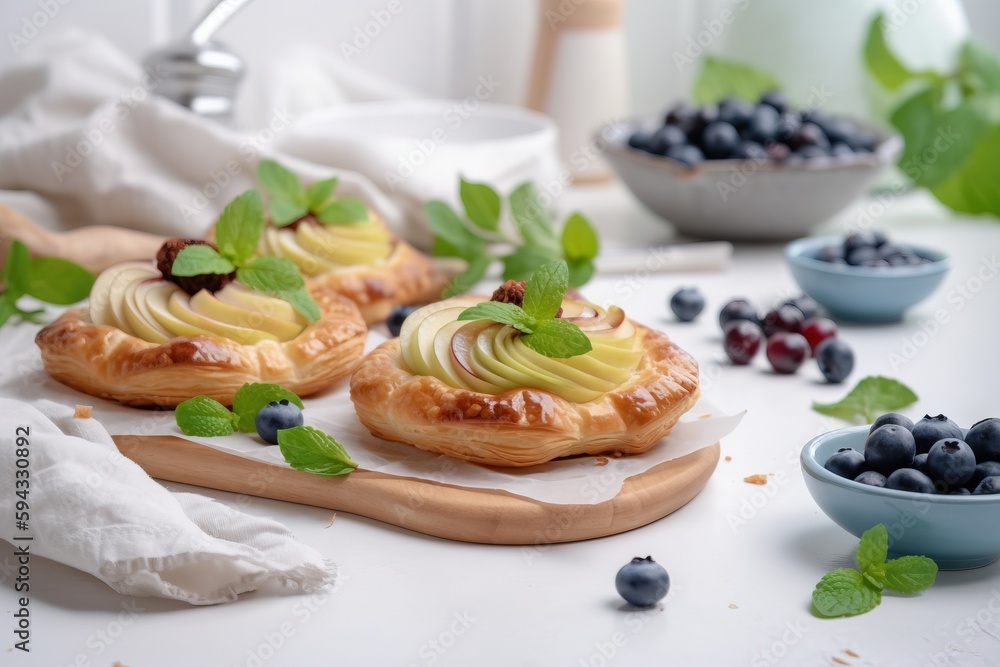  a couple of small pastries sitting on top of a wooden cutting board next to blueberries and a bowl 