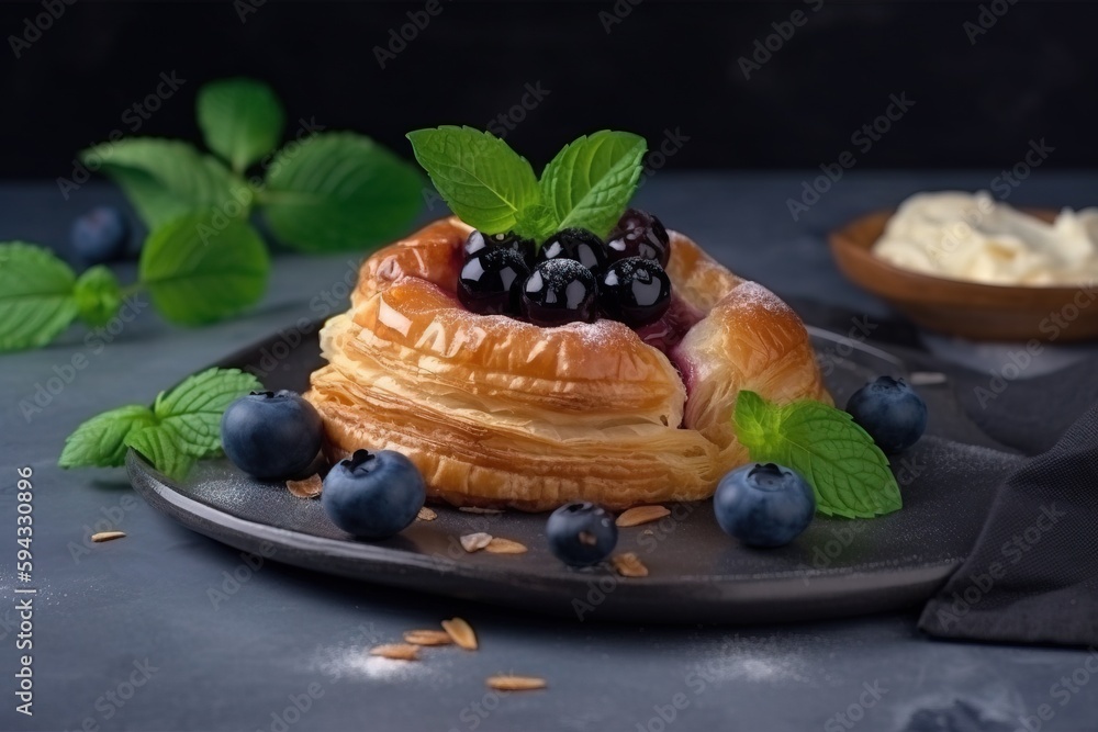  a pastry with blueberries and mint leaves on a black plate with a bowl of whipped cream and a spoon