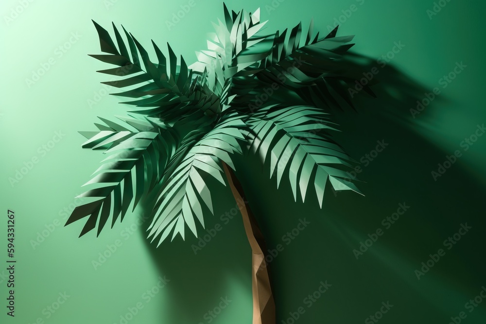  a paper palm tree on a green background with a shadow of a palm tree on the wall and a shadow of a 