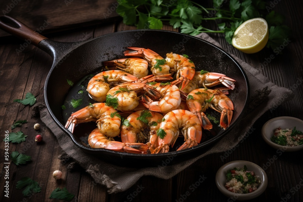  a skillet filled with cooked shrimp and garnished with cilantro and parsley next to a lemon wedge a