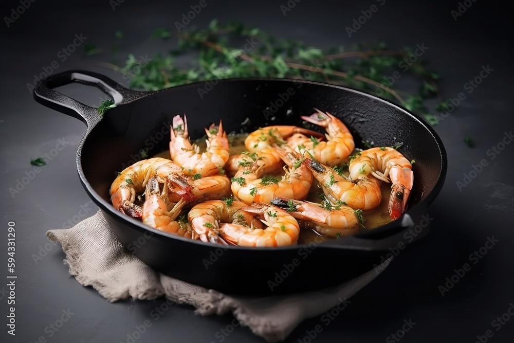  a skillet filled with cooked shrimp and garnished with parsley on a napkin next to a sprig of parsl