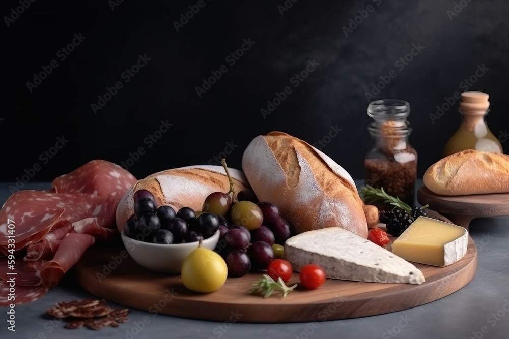  a table topped with bread, cheese, fruit and meat on a cutting board next to a bottle of wine and a