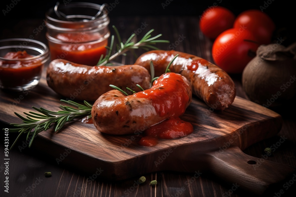  a couple of sausages on a wooden cutting board next to some tomatoes and a jar of ketchup on a wood