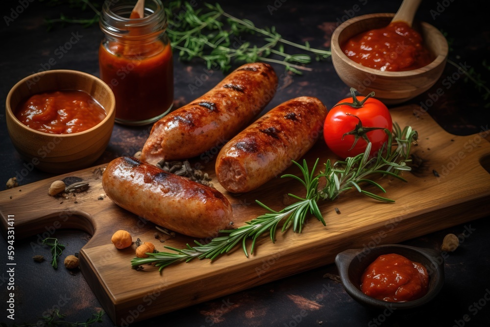  a wooden cutting board topped with sausages and tomatoes next to a bowl of ketchup and a jar of ket