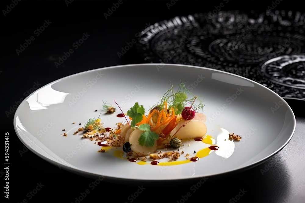  a white plate topped with a dessert covered in fruit and veggies on top of a black table next to a 