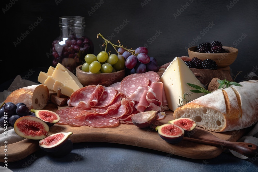  a wooden cutting board topped with meat and cheese next to a bowl of grapes and figurines and a jar