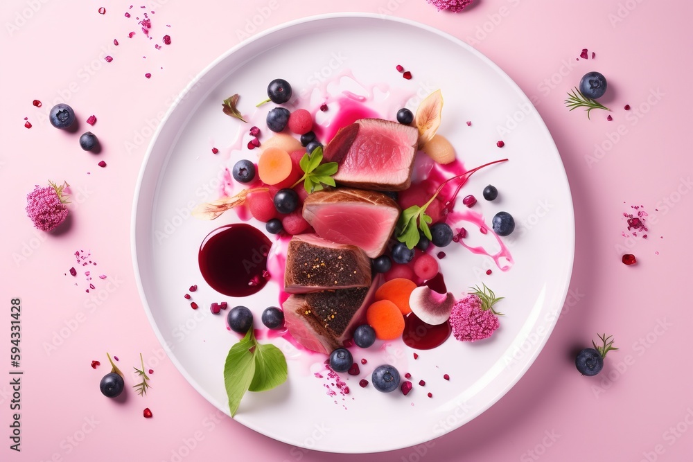  a white plate topped with meat and fruit on top of a pink tablecloth with berries and blueberries o