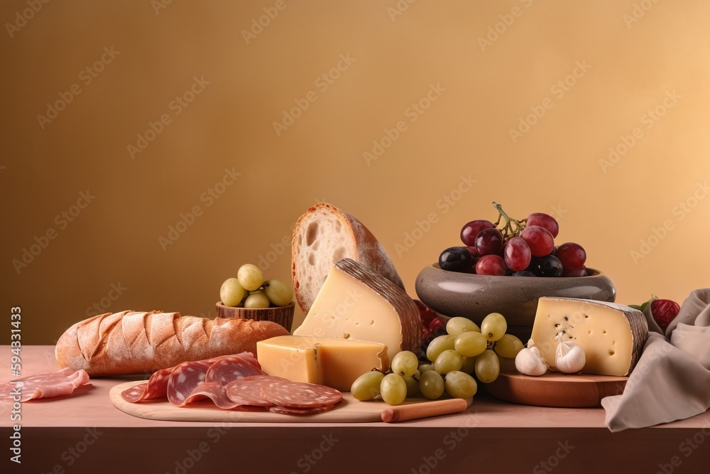  a table topped with different types of cheeses and meats next to a bowl of grapes and a plate of me