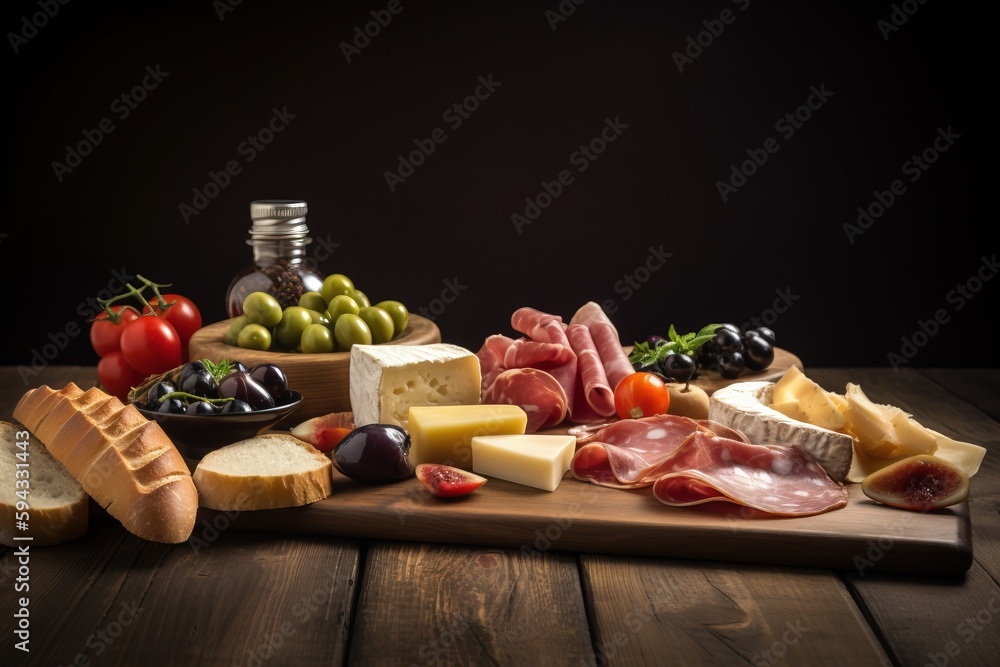  a wooden cutting board topped with lots of different types of cheeses and meats on top of a wooden 