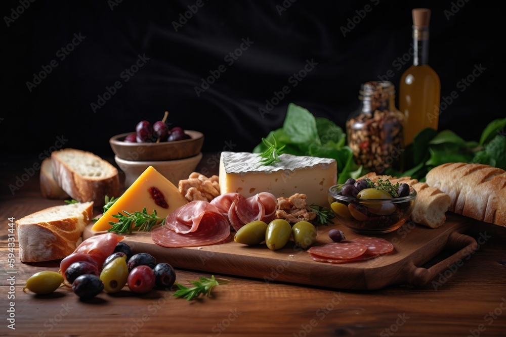  a wooden cutting board topped with different types of cheeses and meats next to bread and olives an