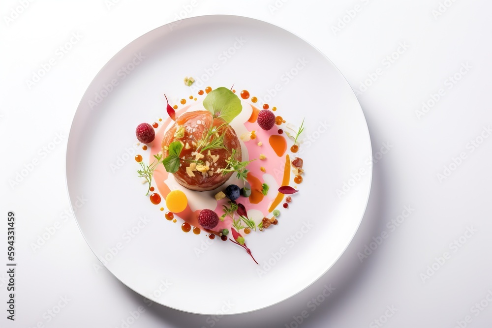  a white plate topped with a dessert covered in fruit and sauce on top of a white tablecloth covered