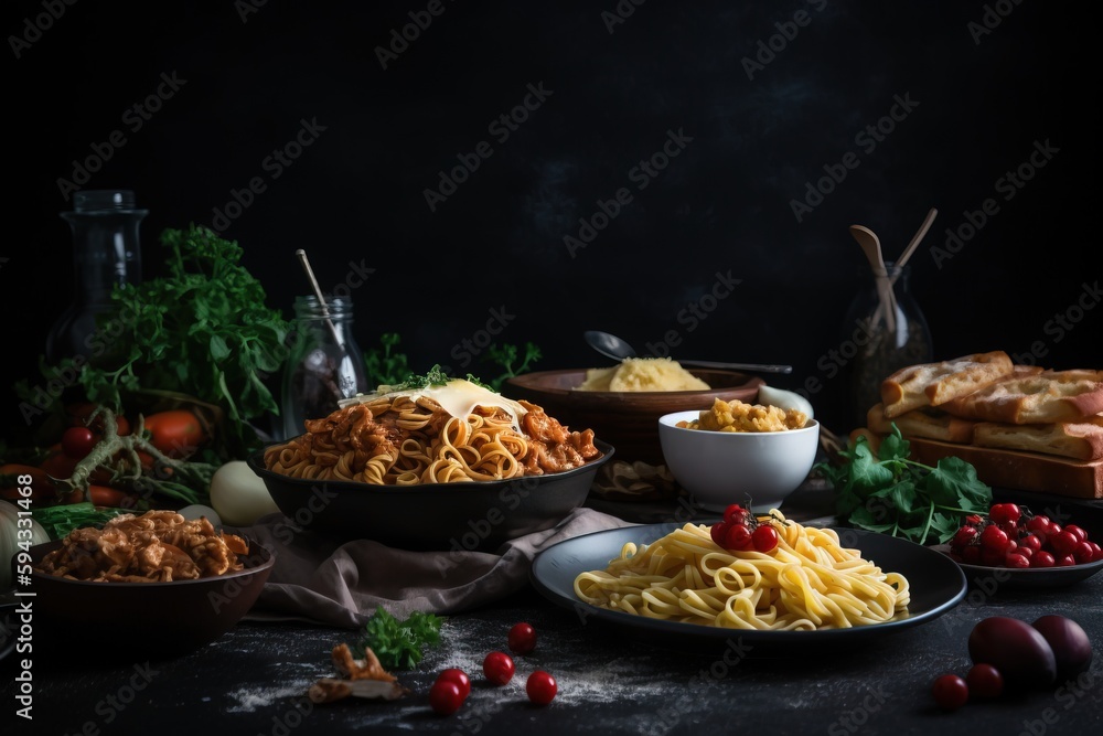  a table topped with plates of food and bowls of food next to a bottle of wine and a glass of wine o