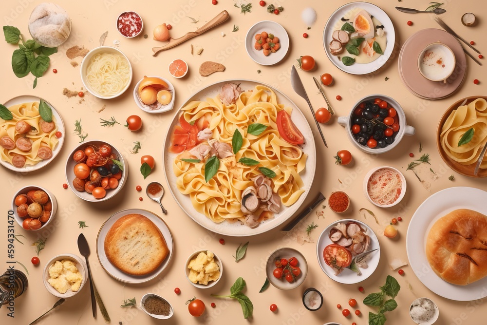  a table topped with plates of food and bowls of food on top of a beige tablecloth covered in vegeta