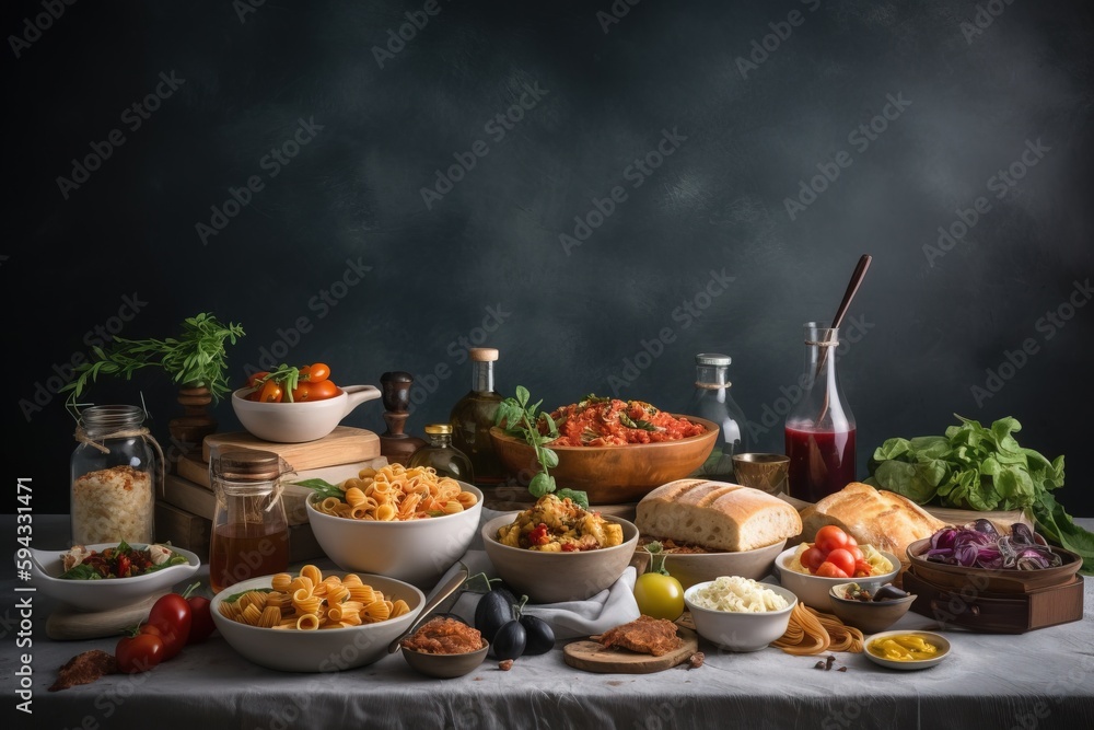  a table topped with bowls of food and a bottle of ketchup next to a bowl of salad and a bottle of k