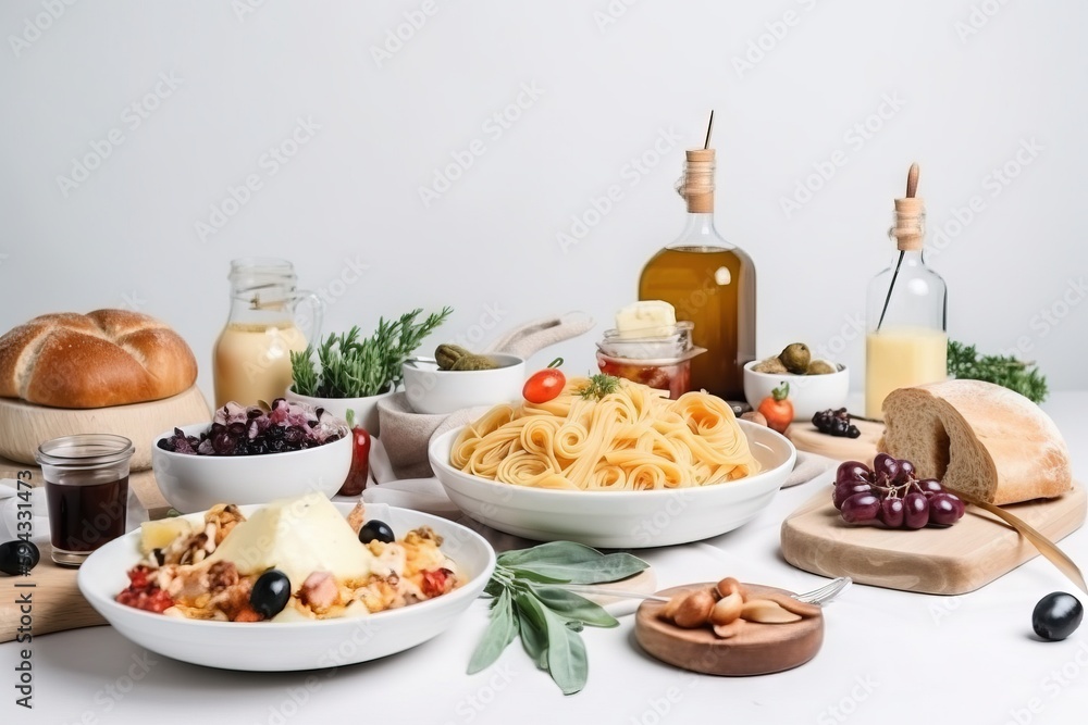  a white table topped with bowls of food and a bottle of wine next to a loaf of bread and a loaf of 