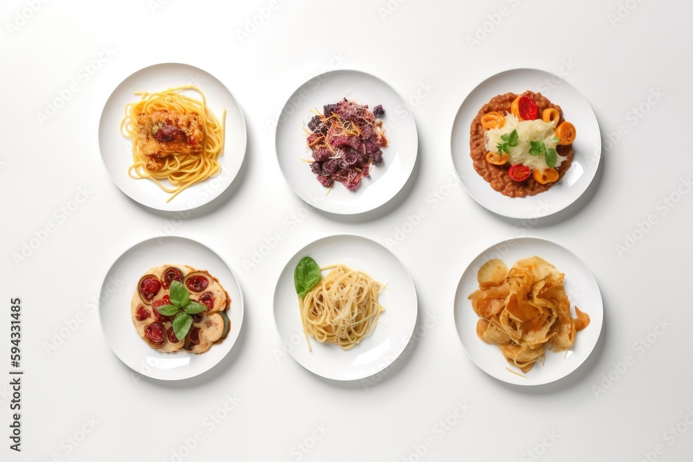  six plates of different types of food on a white table top with a white table cloth and a white tab