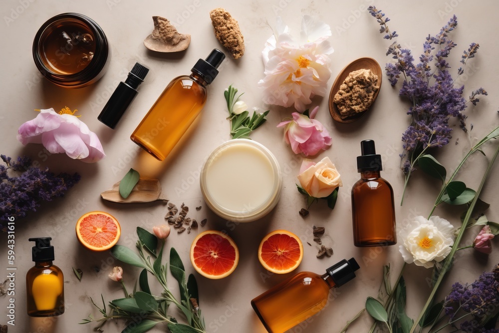  a table topped with bottles of different types of skin care products and flowers on top of a white 