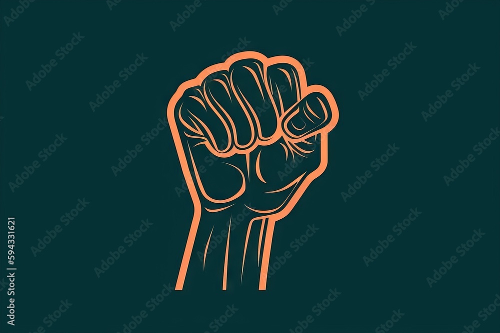  a hand with a fist raised up in the air, with orange outlines on a black background, against a dark