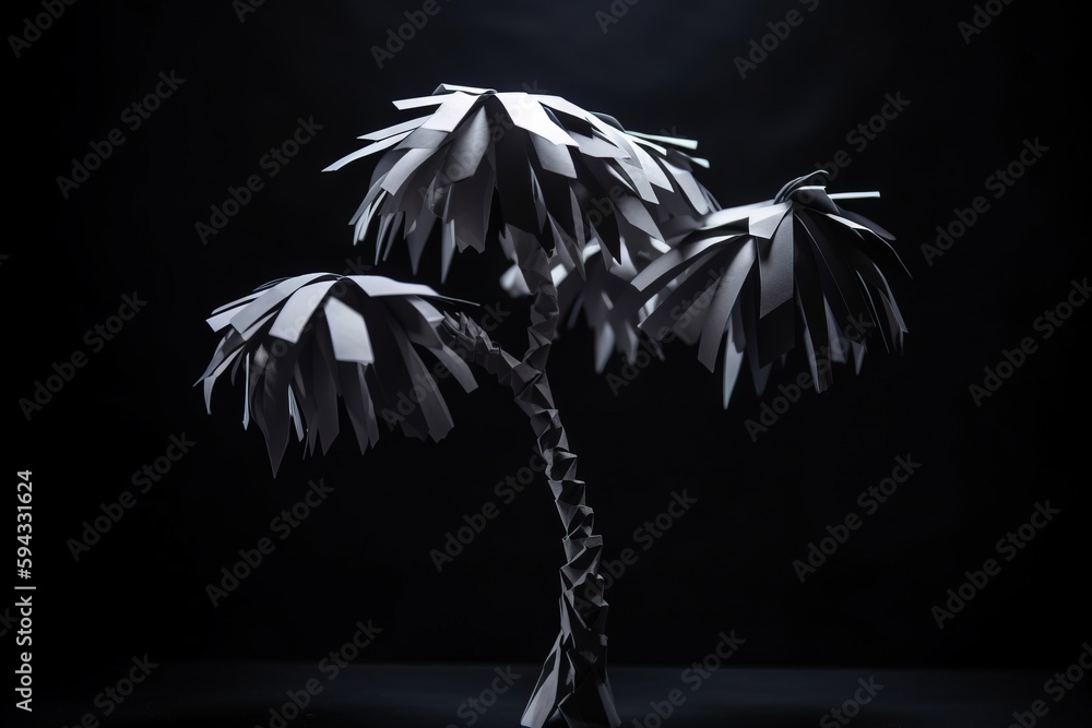  a palm tree made out of paper on a black background with a light coming from behind the palm tree i