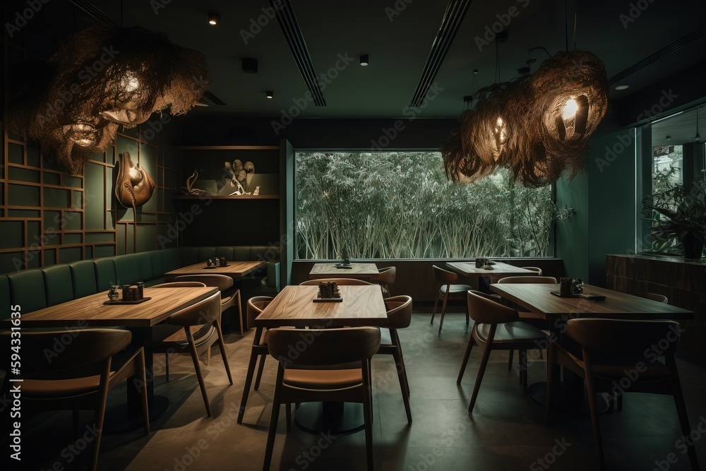  a dimly lit restaurant with wooden tables and chairs and a large window overlooking a jungle area w