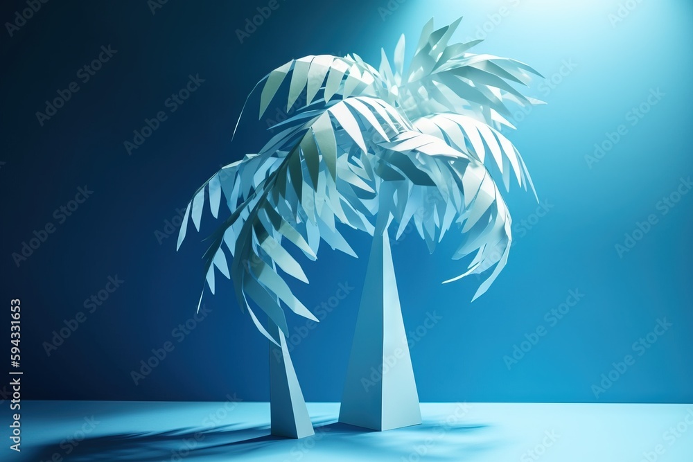  a palm tree is shown in a blue background with a light coming from behind the palm tree in the cent