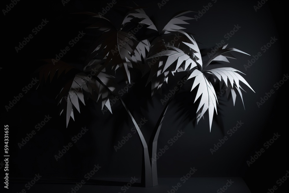  a black and white photo of a palm tree in the dark with a black background and a white light shinin