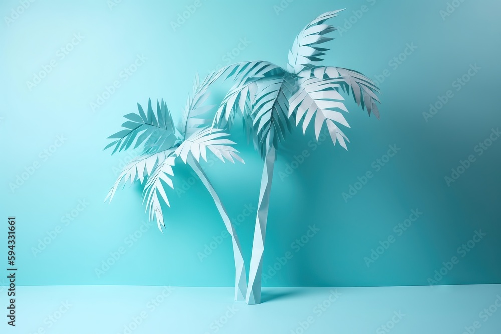  a paper palm tree is shown against a blue background with a shadow of the palm tree on the left sid