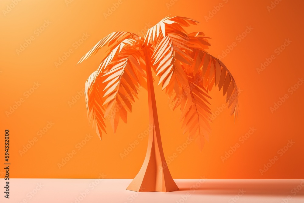  a palm tree is shown in an orange and yellow background with a light reflection on the floor and th