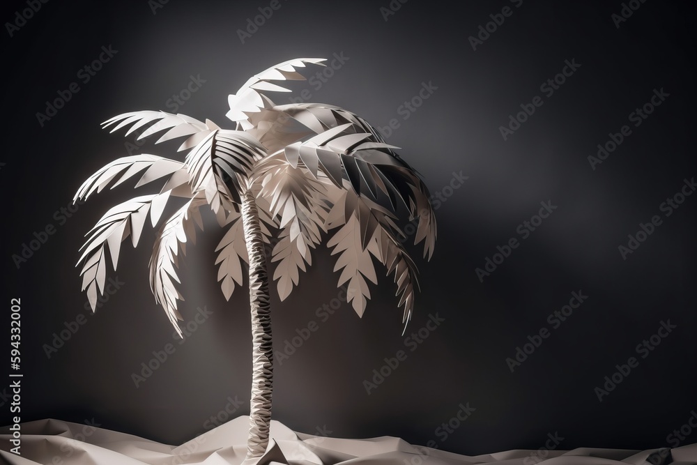  a white palm tree sitting on top of a sandy beach next to a black wall and a black sky above it is 