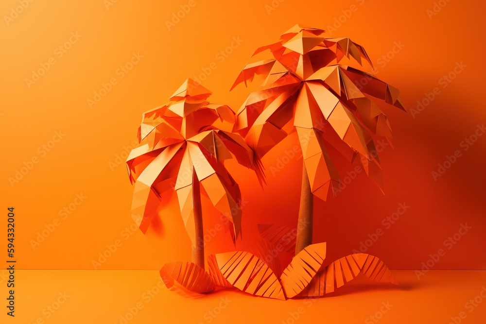  a paper sculpture of two palm trees on an orange background with an orange background and a yellow 