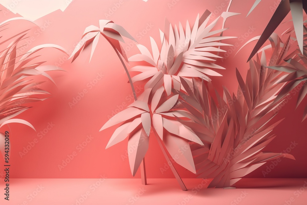  a pink wall with a bunch of leaves on it and a plant in the middle of the wall with a pink backgrou