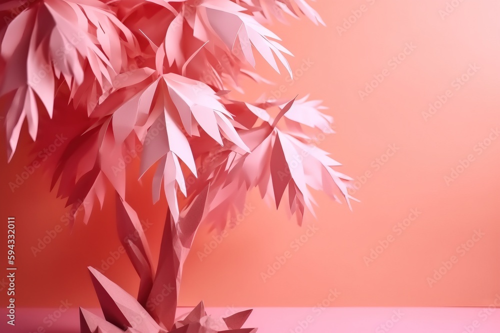  a pink paper sculpture of a tree on a pink surface with a pink background and a pink wall in the ba