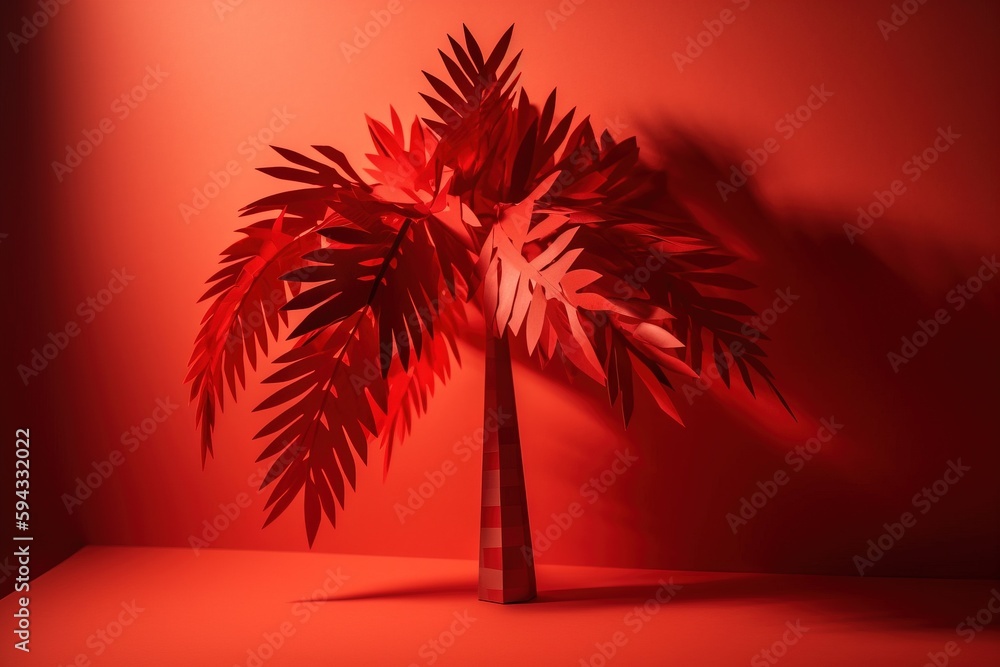  a red vase with a plant in it on a red surface with a shadow of a palm tree on the side of the vase