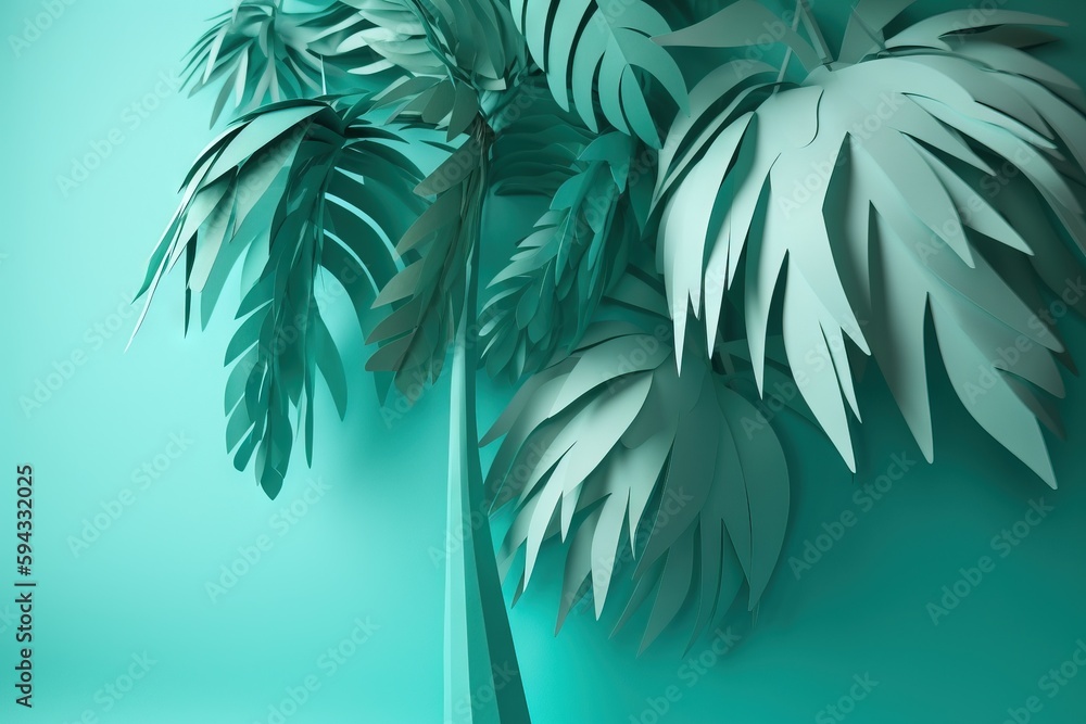  a palm tree with a green background and a blue wall behind it with a shadow of the palm tree on the