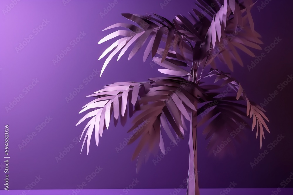  a palm tree is shown against a purple background with a light reflection on the floor and the top o