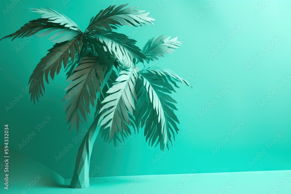  a green palm tree in a room with a blue wall behind it and a light green background with a shadow o