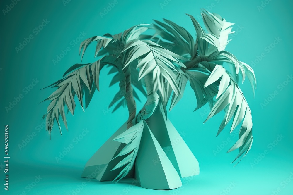  a palm tree in a green vase on a blue background with a shadow of the plant on the bottom of the va