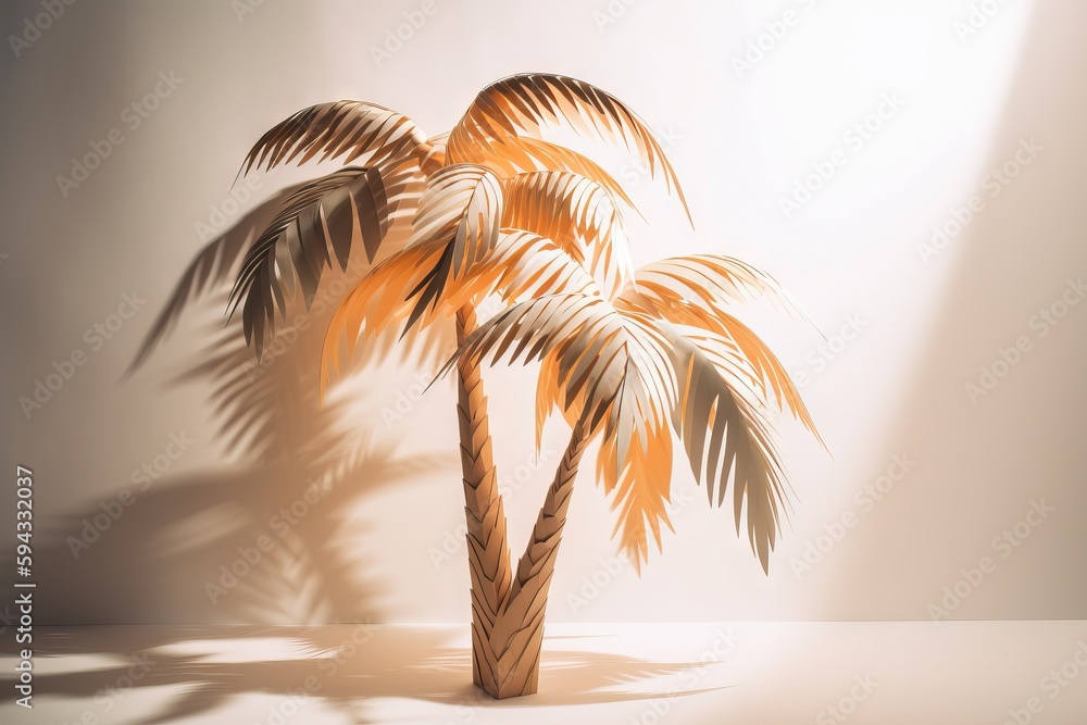  a palm tree casts a shadow on a wall in a room with a light colored wall behind it and a shadow cas