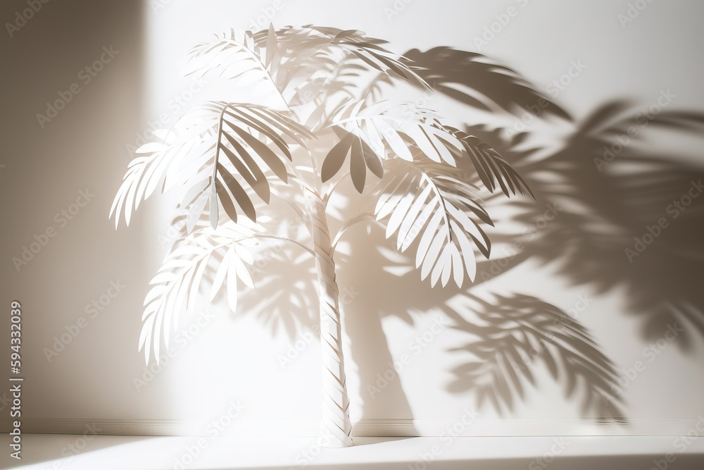  a palm tree casts a shadow on a wall in a room with a white wall and a white floor with a white flo