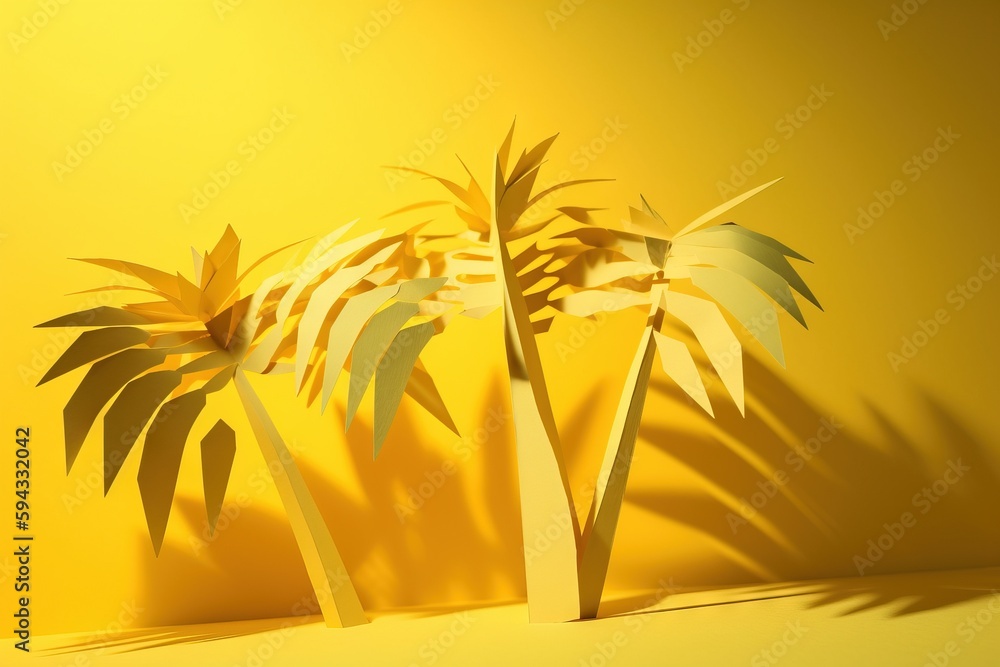  a yellow wall with two palm trees on it and a shadow of a palm tree on the wall behind it and a yel