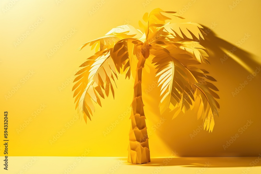  a palm tree casts a shadow on a yellow background with a shadow of a palm tree on the floor and a y