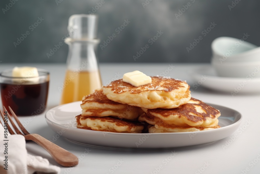  a stack of pancakes on a plate with butter and syrup in the background and a glass of orange juice 