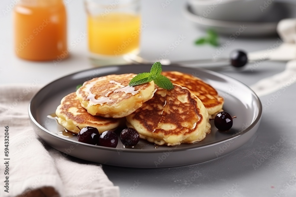  a plate of pancakes with blueberries and a glass of orange juice next to it on a table with a napki