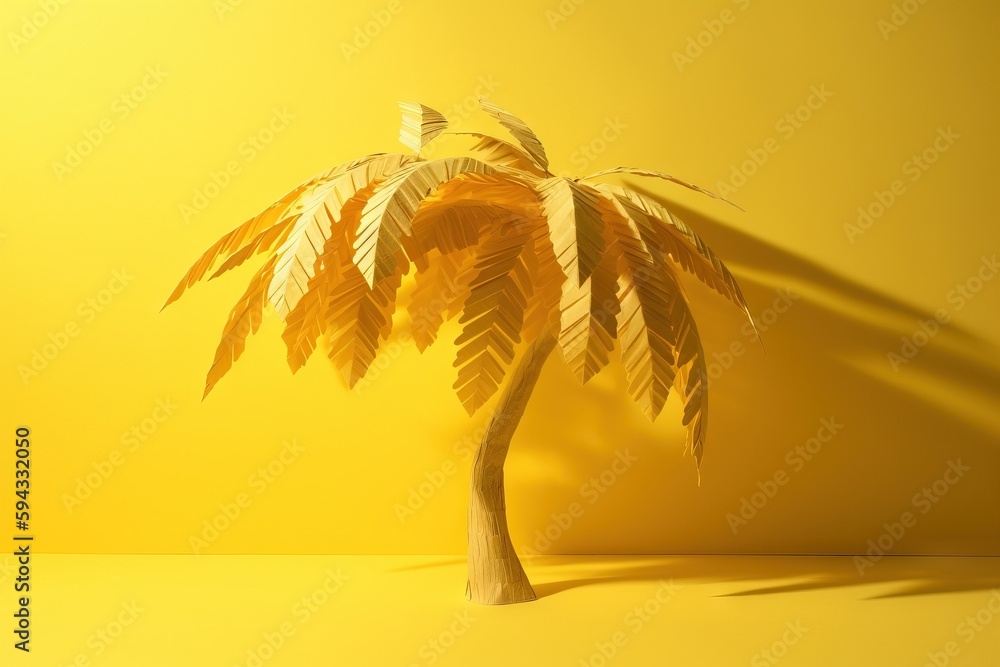  a palm tree in a yellow room with a yellow wall in the background and a shadow of a palm tree on th