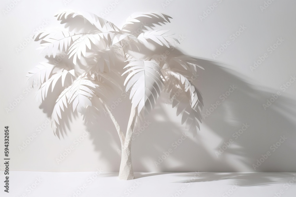  a palm tree casts a shadow on a white wall in a minimalistic room with a white floor and a white wa