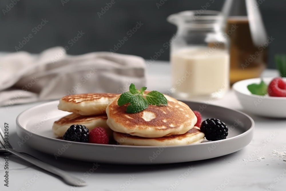  a plate of pancakes with berries, raspberries, and a glass of milk on a table next to a bottle of m