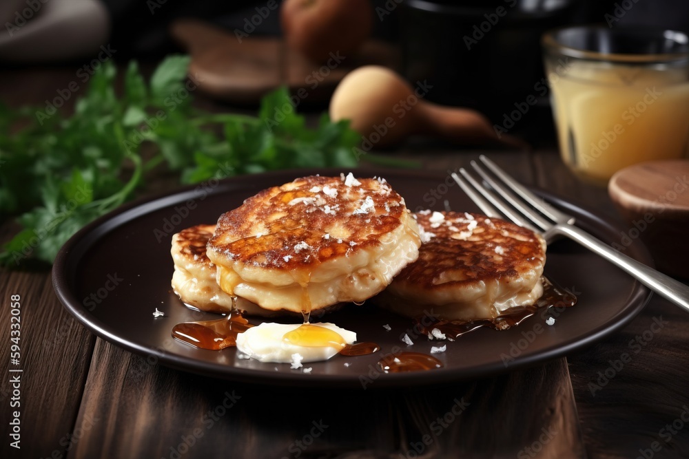  a plate of pancakes with syrup and an egg on top of it next to a glass of orange juice and a fork o