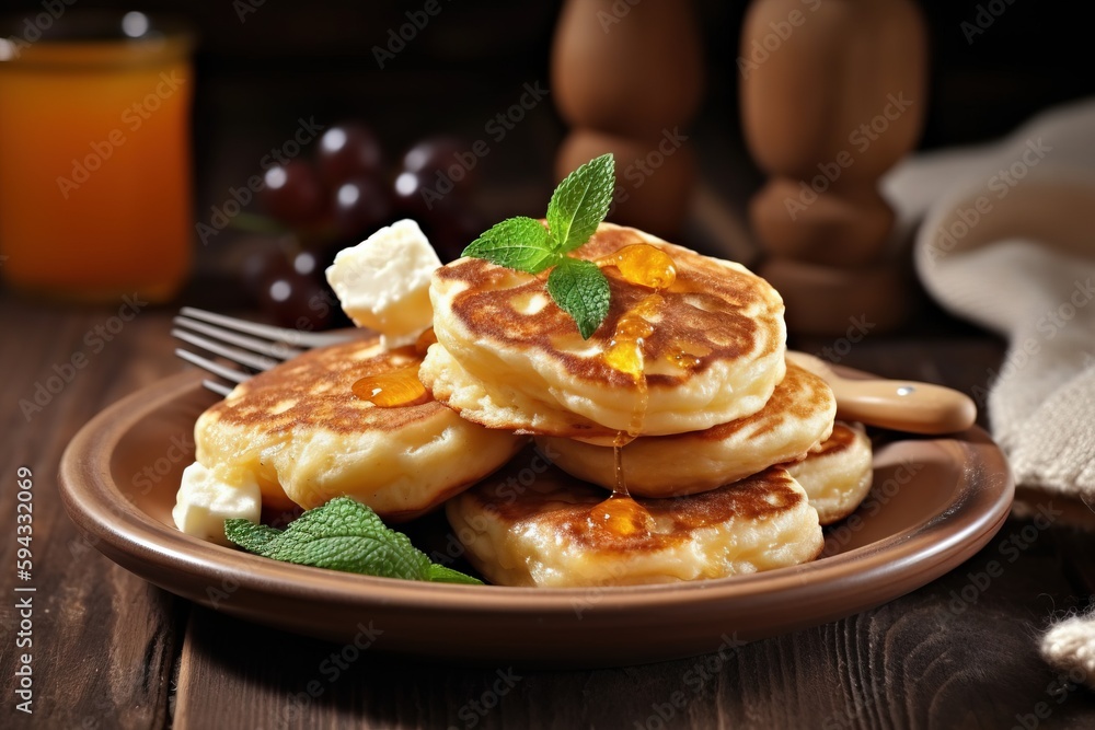  a stack of pancakes with butter and orange slices on a brown plate with a fork and a glass of orang