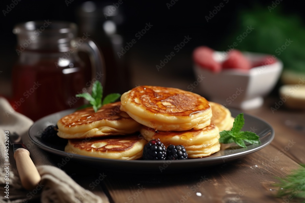  a black plate topped with pancakes and berries next to a cup of tea and a teapot with a tea kettle 